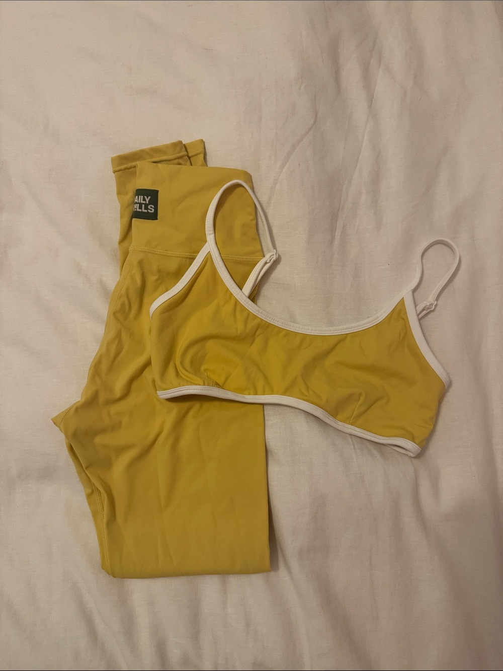 Daily Drills Mustard Yellow Bralette and Leggings Set with White Trim